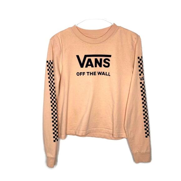 Vans Off The Wall Peach Long Sleeve Shirt With Iconic Checkerboard Sleeves M - Picture 1 of 9